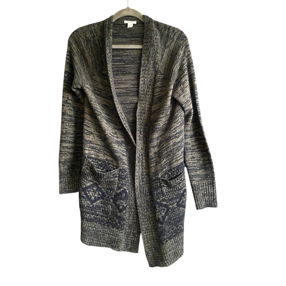 Caslon Olive/Black Print Open Cardigan Sweater Pockets Size Medium